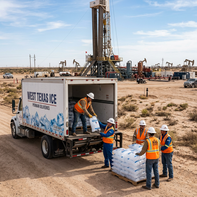 Bulk ice delivery truck at a Permian Basin oil and gas worksite