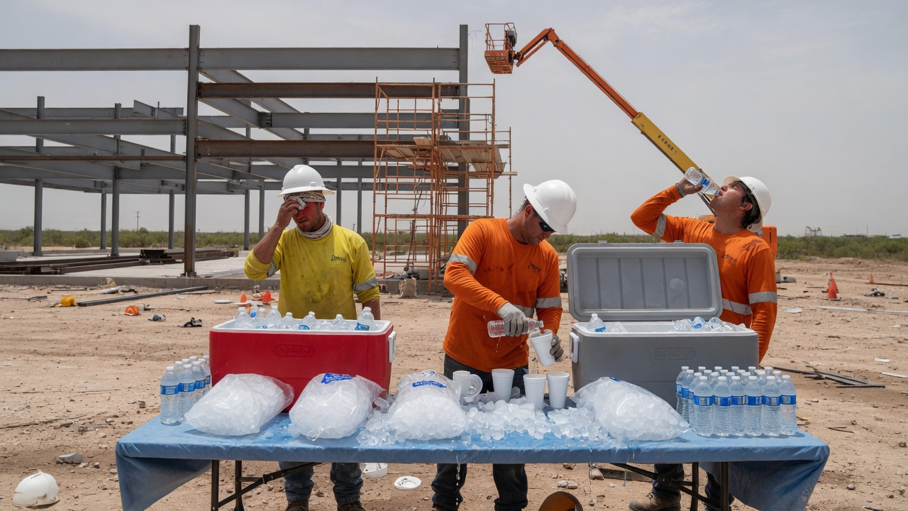 Construction workers using bags of ice and coolers at a hydration table on a West Texas job site
