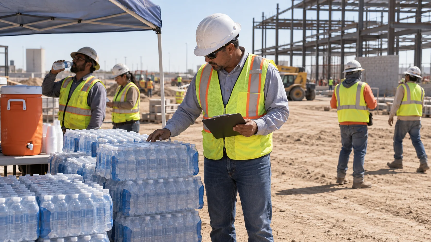 Construction supervisor counting cases of bottled water at a shaded hydration station on a West Texas job site