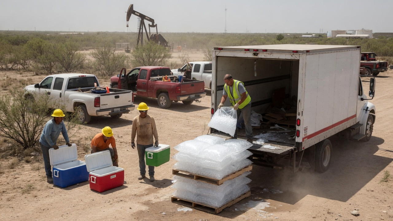Delivery truck unloading bags of ice to workers with coolers on a West Texas oilfield location