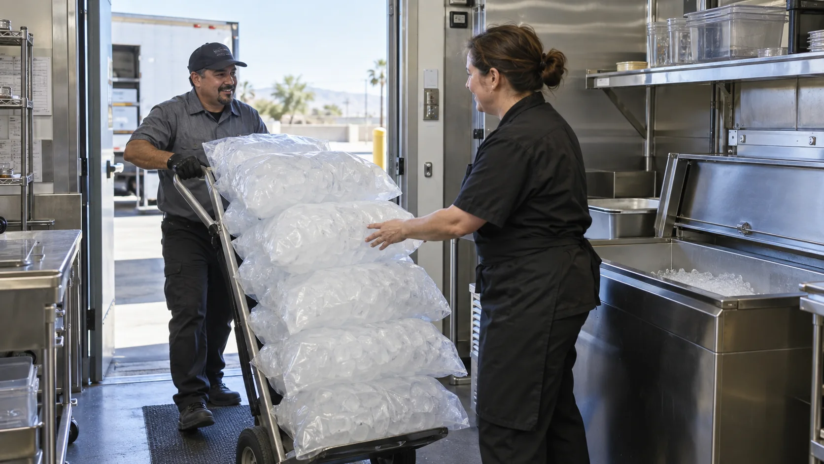 Restaurant manager receiving emergency bags of ice from a delivery worker at a commercial kitchen