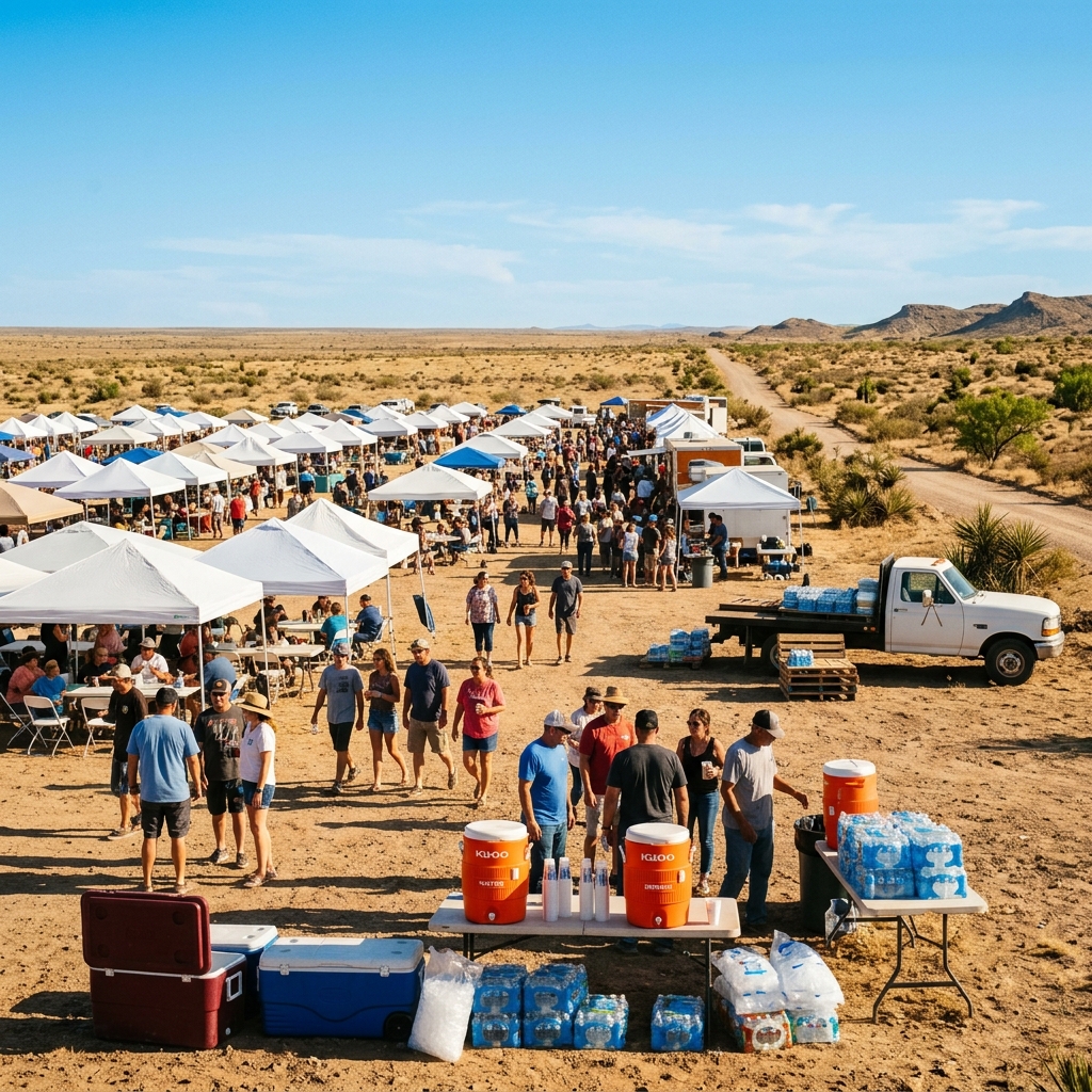 Outdoor event setup with ice and water delivery in West Texas