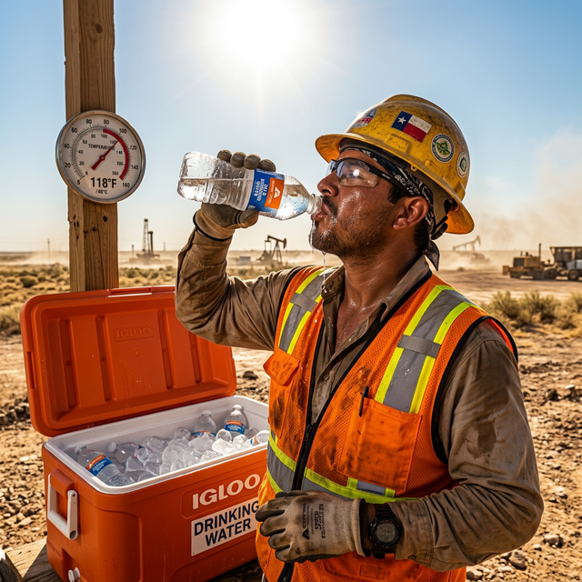 Worker drinking water in extreme heat at a Permian Basin worksite