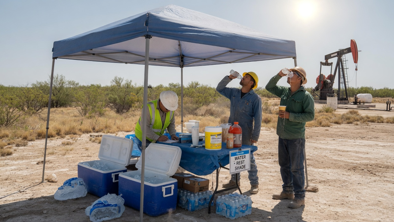 Jobsite hydration station under a shade canopy with ice, water, and coolers on a West Texas oilfield location