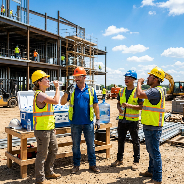 Workers staying hydrated on a construction site