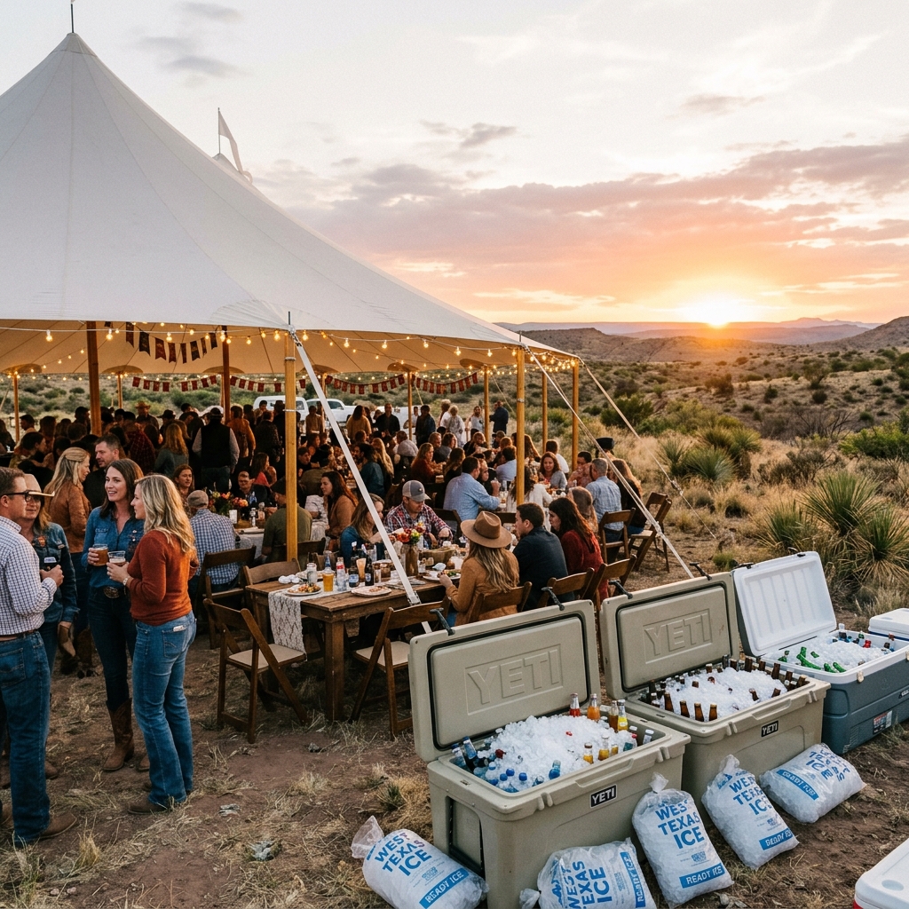 Outdoor party event in West Texas with coolers full of ice and bags of ice