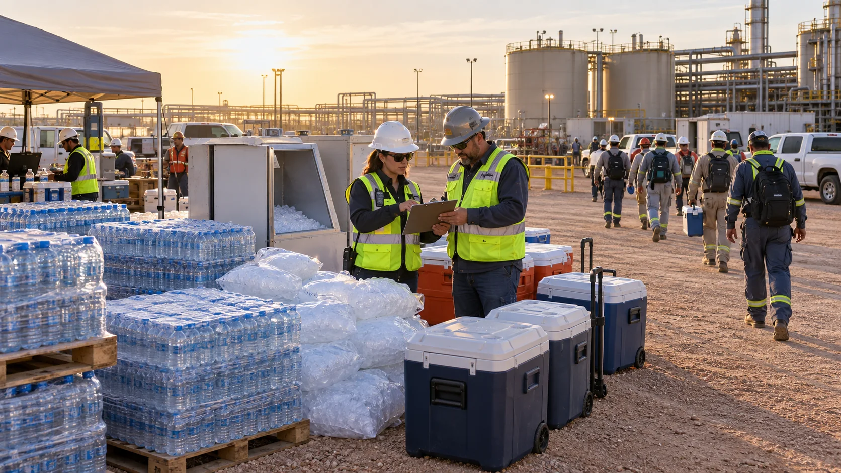 Safety and logistics coordinators checking water, ice, and coolers during a large industrial shift change in West Texas