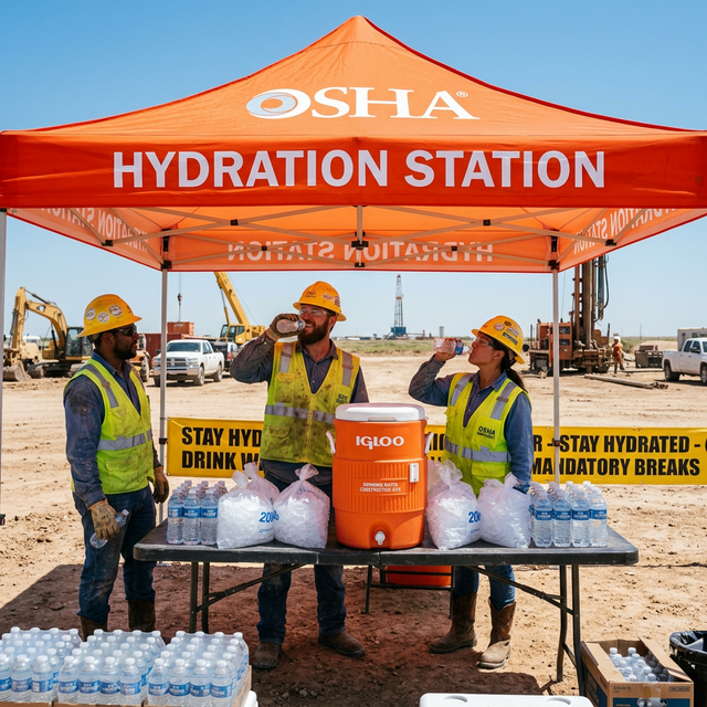 Workers at a hydration station on a West Texas oilfield worksite