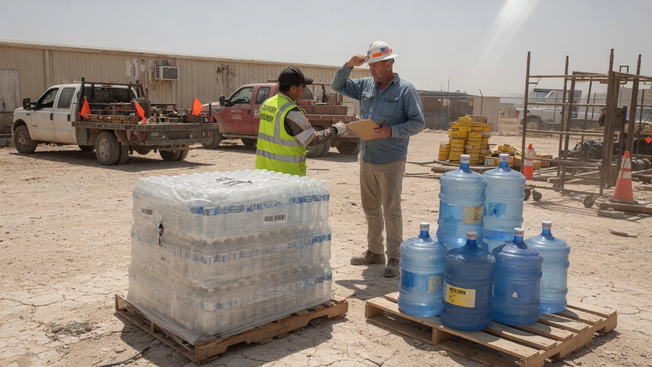 Pallet of bottled water next to 5-gallon water jugs being checked in at a West Texas job site
