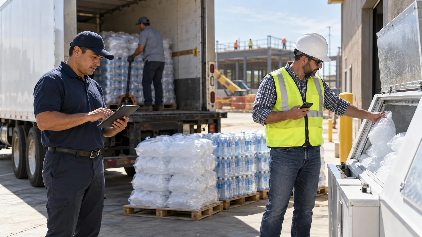 Delivery driver and jobsite manager checking bagged ice and bottled water during a scheduled commercial delivery