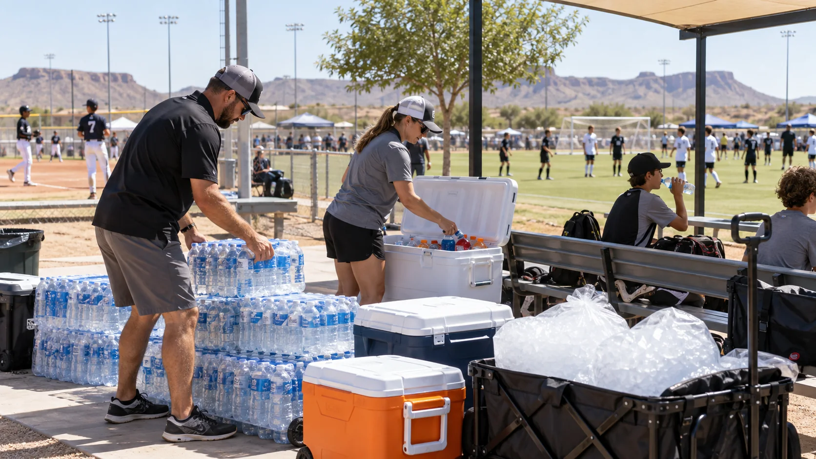 Coaches organizing bottled water, coolers, and bagged ice beside fields at a West Texas youth sports tournament