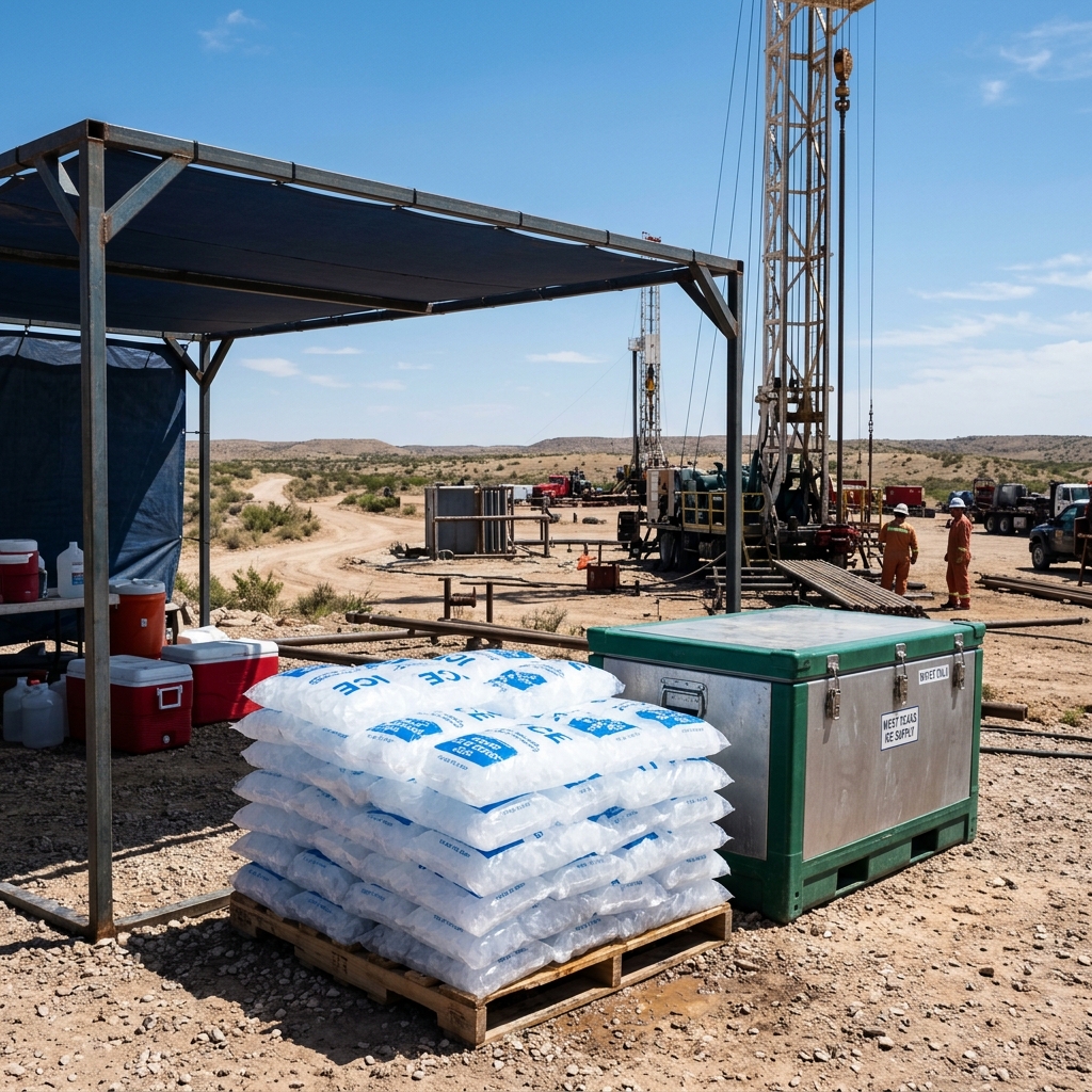 Stacked bags of ice stored under shade on a West Texas oilfield job site