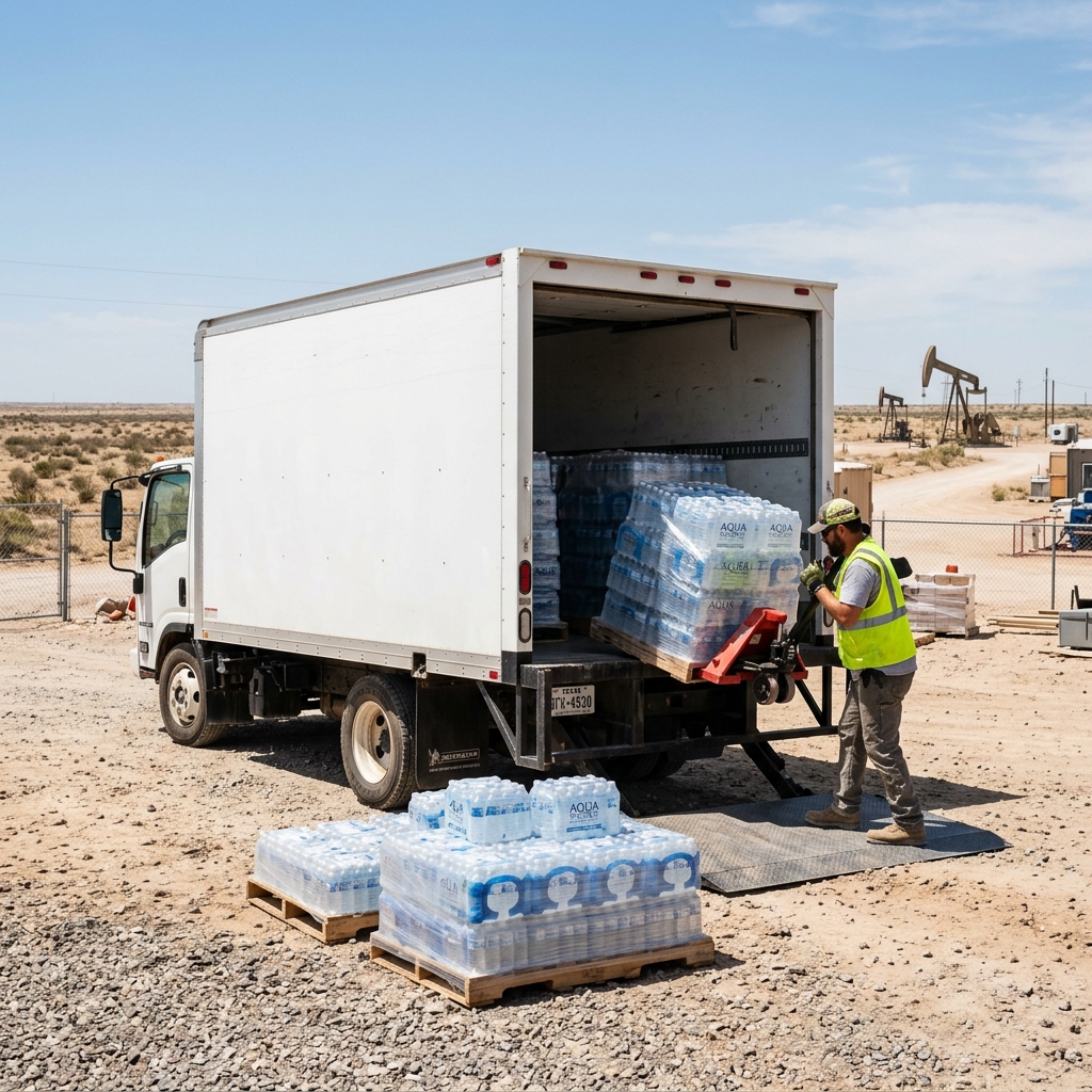 Pallets of water being delivered to a business