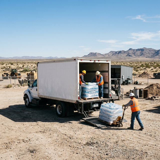 Water pallets being delivered to a Permian Basin worksite