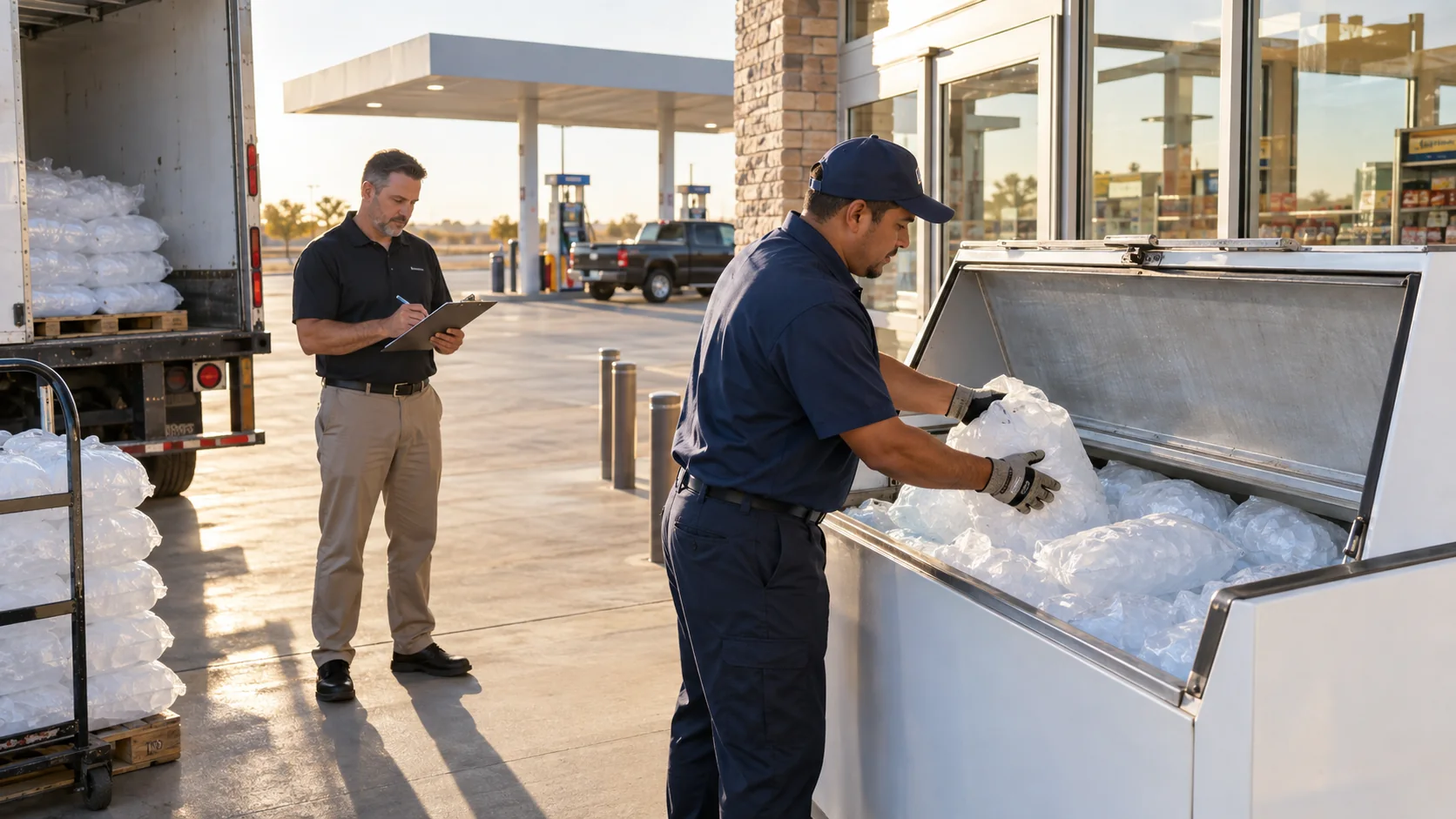 Delivery worker restocking bagged ice in an outdoor merchandiser at a West Texas convenience store